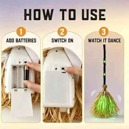 LED Glowing Motion-Activated Musical Raffia Witch Broom Decor, Indoor-Outdoor Halloween Party Ornament, Festive Holiday Home Supplies Gift