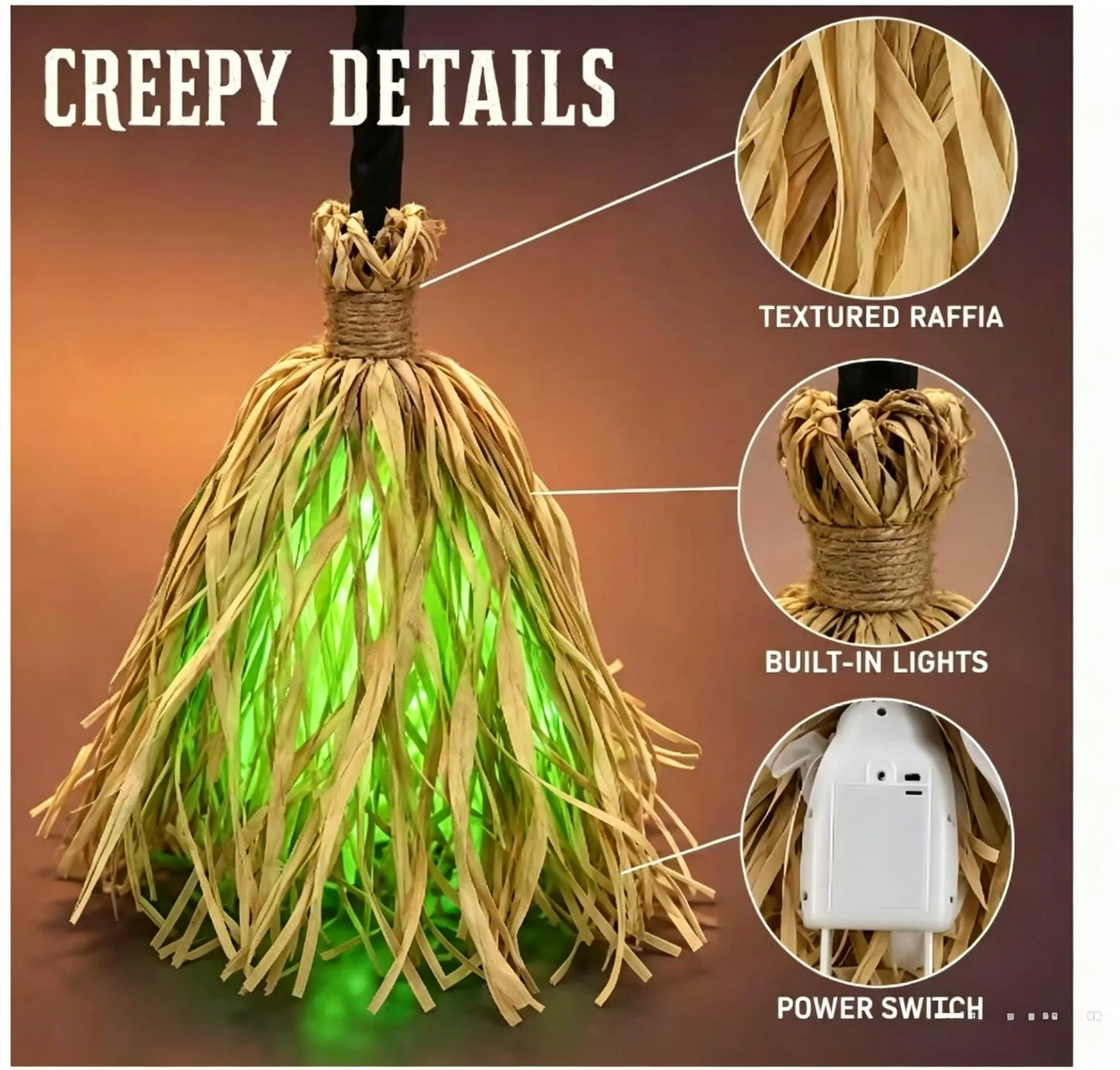 LED Glowing Motion-Activated Musical Raffia Witch Broom Decor, Indoor-Outdoor Halloween Party Ornament, Festive Holiday Home Supplies Gift