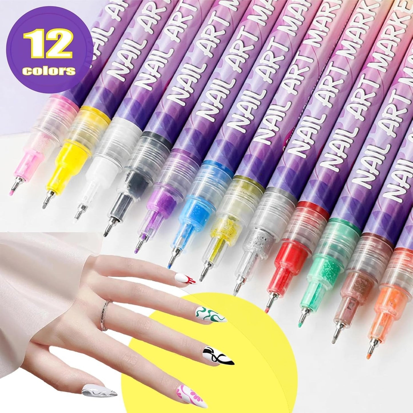 ⏳12 Colors Nail Art Pens Set🎨💅for DIY Nail Art Quick Drying Acrylic Painting and 3D Dot Embroidery mma acrylic nail - On Nails Quick Drying Dot Stitching Nail Art Pen for Home and Salon DIY, Nail Care Cutics Manicure Polish Cosmetic-Remifa®