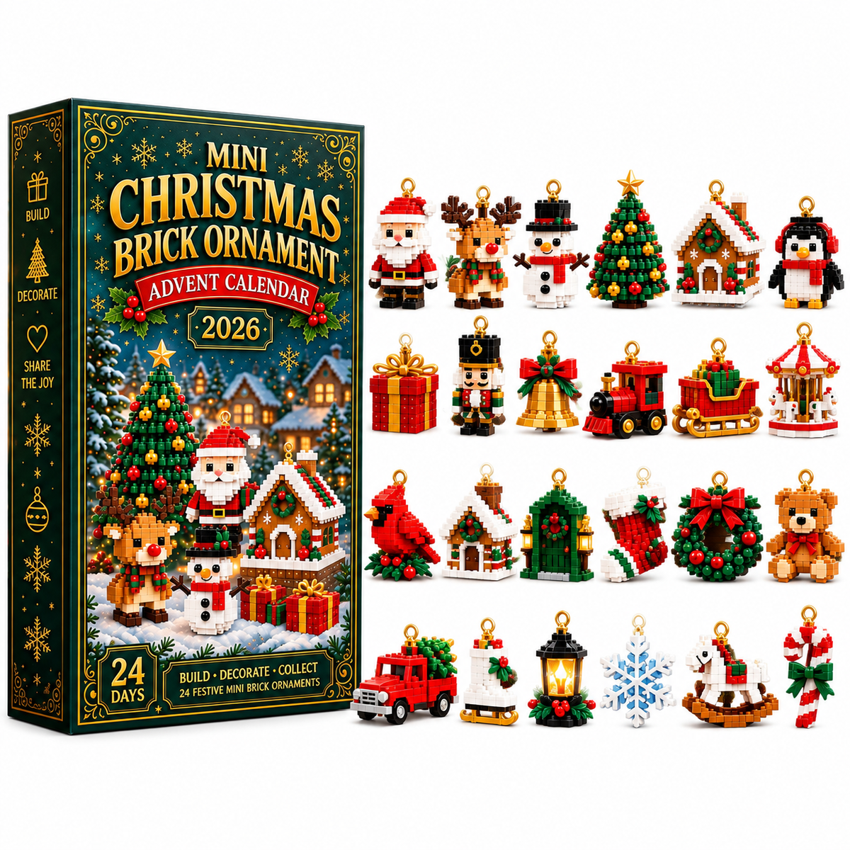 🎄 24-Day Mini Christmas Ornament Advent Calendar | 24 unique festive buildable designs with hanging loops—perfect for decorating Christmas trees, wreaths, and holiday displays 🧱