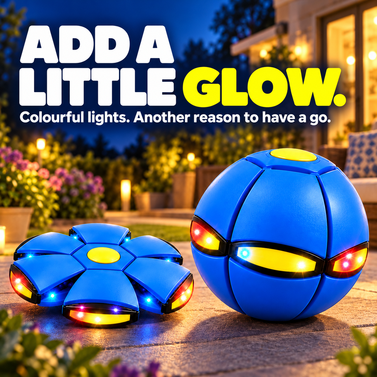 Blue transforming ball showing its colourful built-in lights