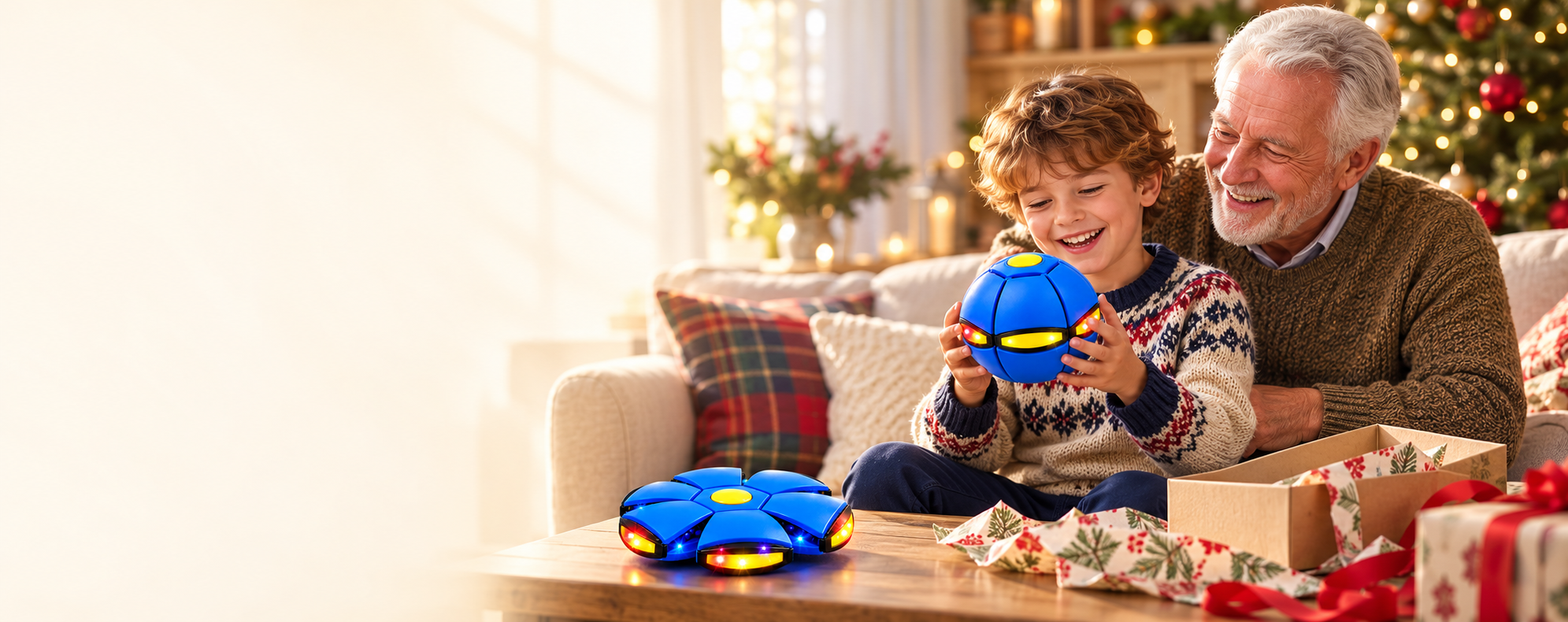 Illustrative grandparent and child unwrapping a blue Magic Metaball toy