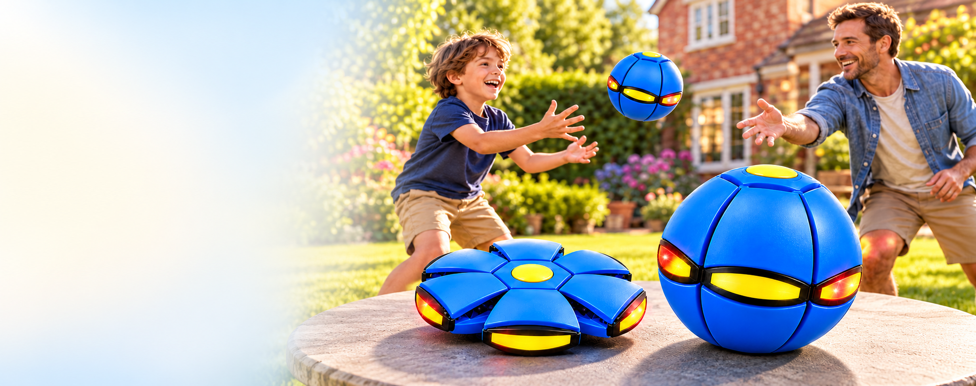 Illustrative family playing catch with the blue transforming ball and disc