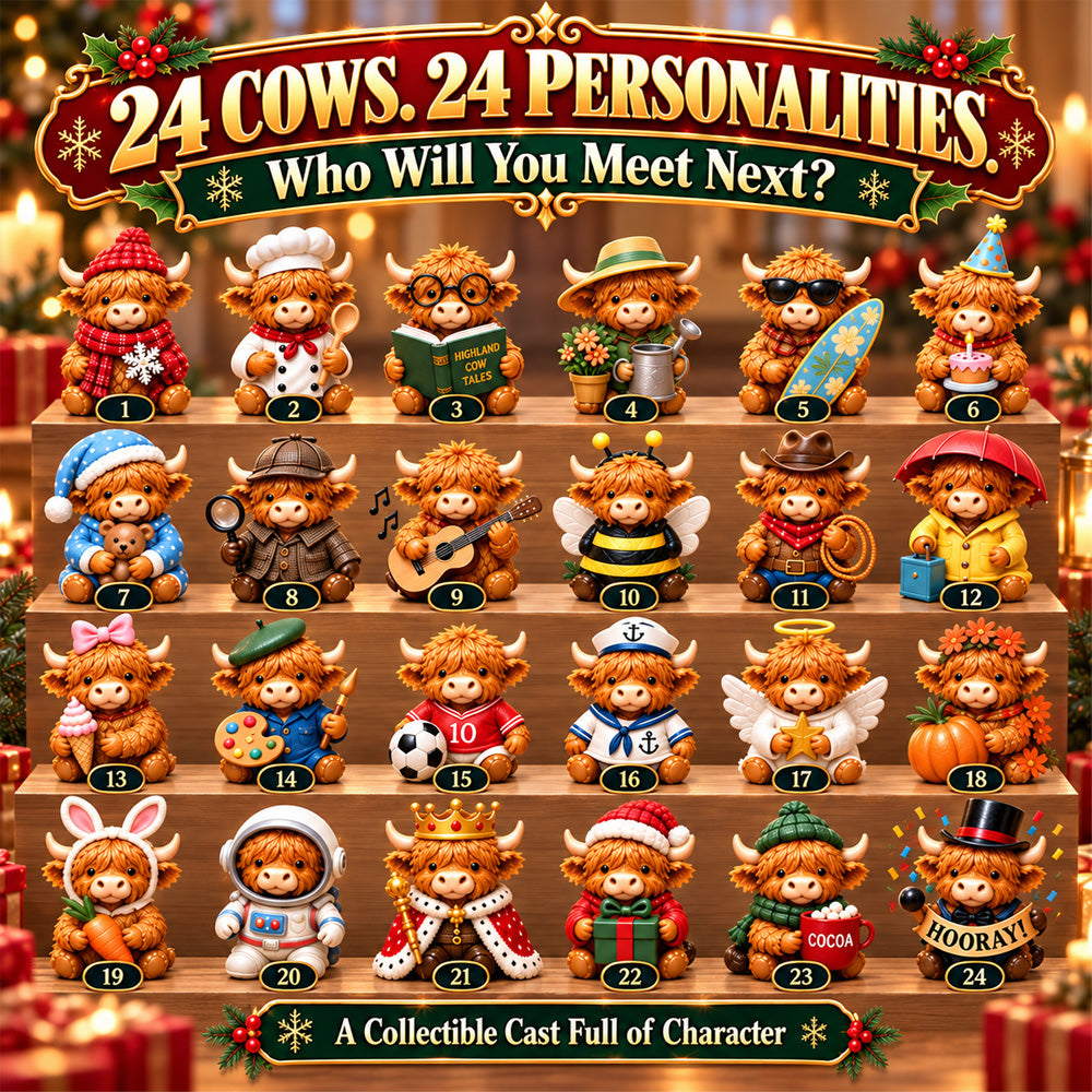 All 24 Highland Cow figurines lined up on shelves