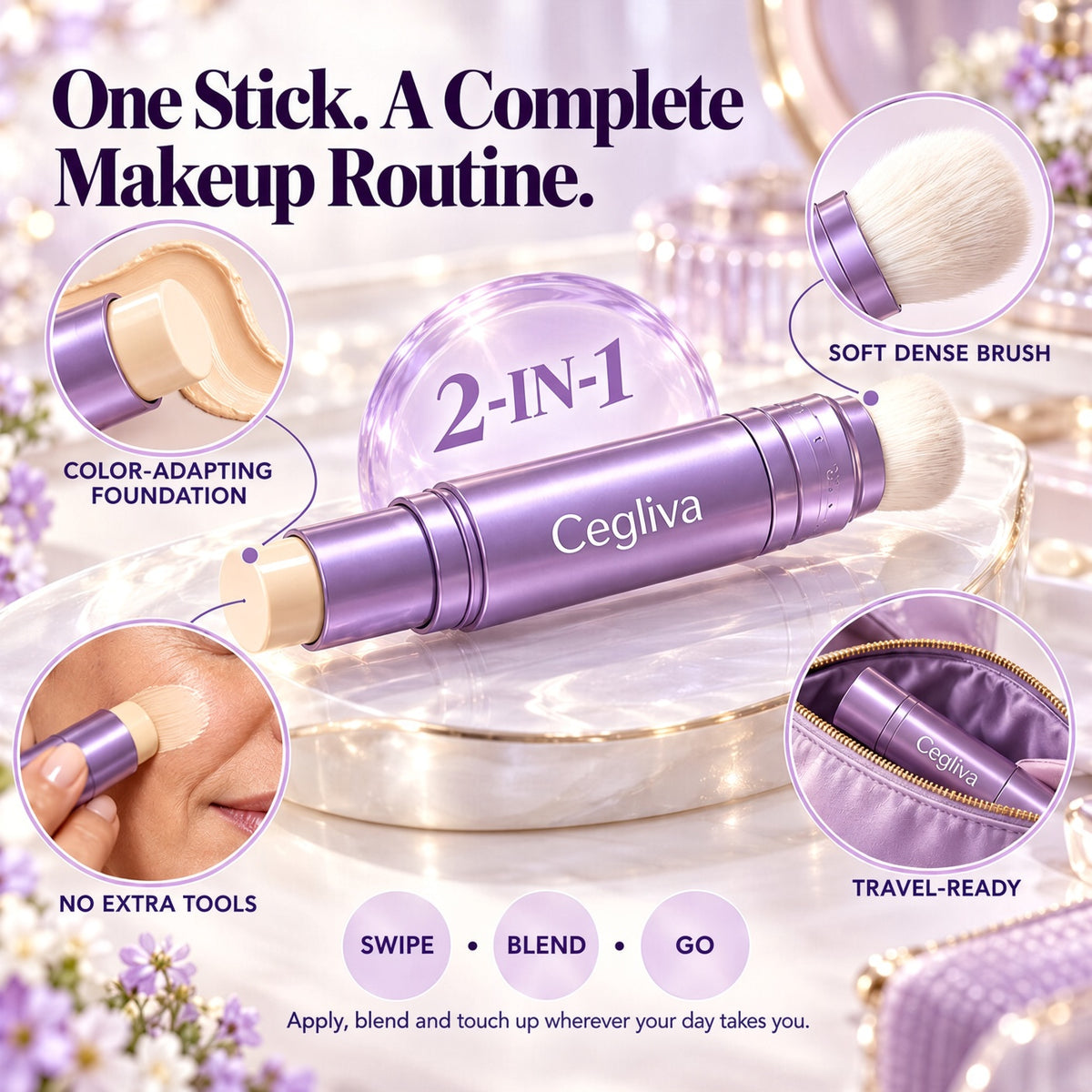 🔥 HOT SALE | ✨ 2-in-1 Color-Changing Foundation Stick 💜 Built-in Brush 💧 Hydrating Lightweight Coverage for All Skin Tones
