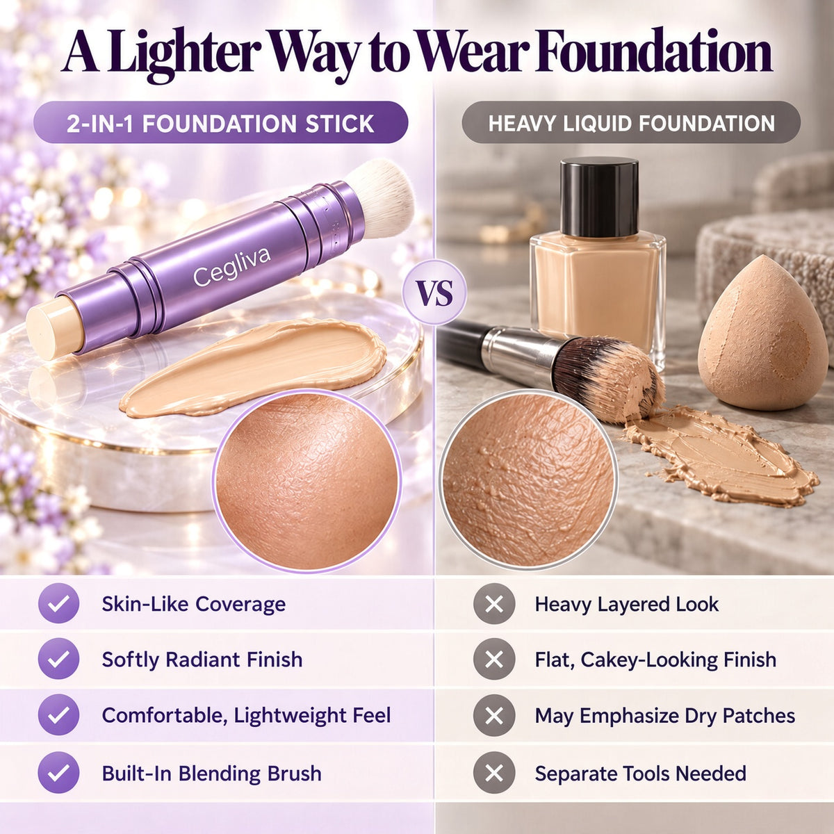 🔥 HOT SALE | ✨ 2-in-1 Color-Changing Foundation Stick 💜 Built-in Brush 💧 Hydrating Lightweight Coverage for All Skin Tones