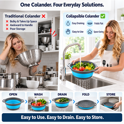 🥗 3-Piece Collapsible Colander Set – Fold Flat, Save Space & Easily Drain Pasta, Fruits & Veggies