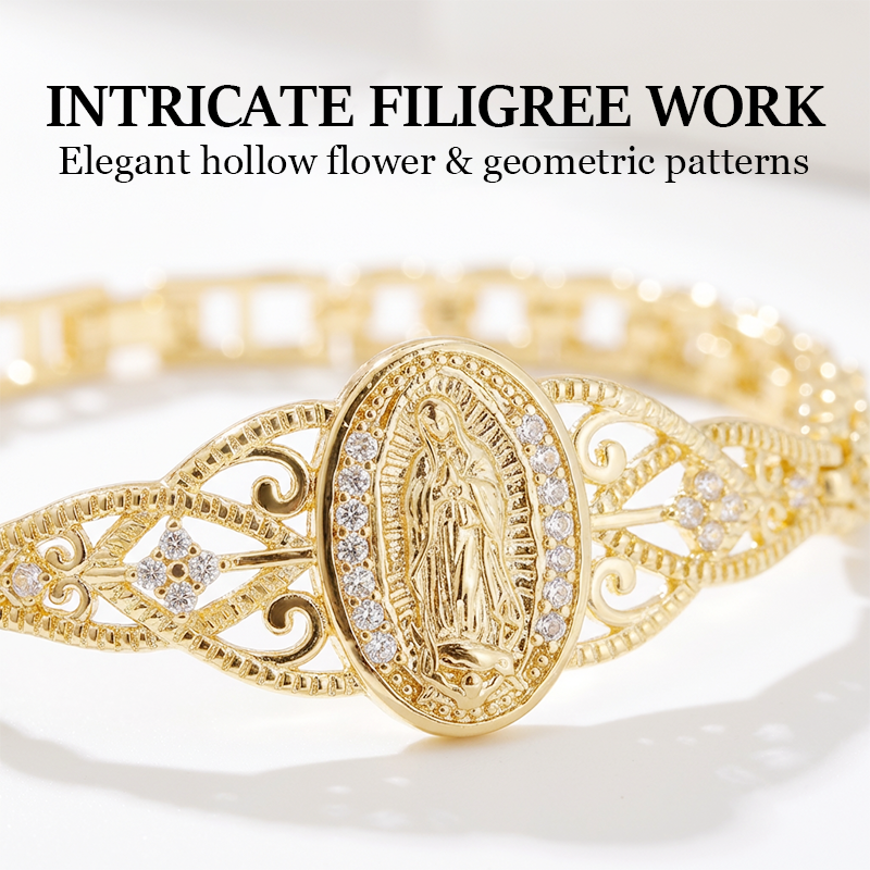 ⏳Time-Limited Special⏰Elegant Hollow Flower Virgin Mary Bracelet – Filigree Design, Gold Plated, Faith Inspired ✨