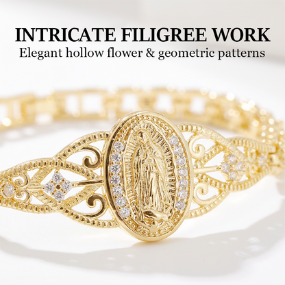 ⏳Time-Limited Special⏰Elegant Hollow Flower Virgin Mary Bracelet – Filigree Design, Gold Plated, Faith Inspired ✨