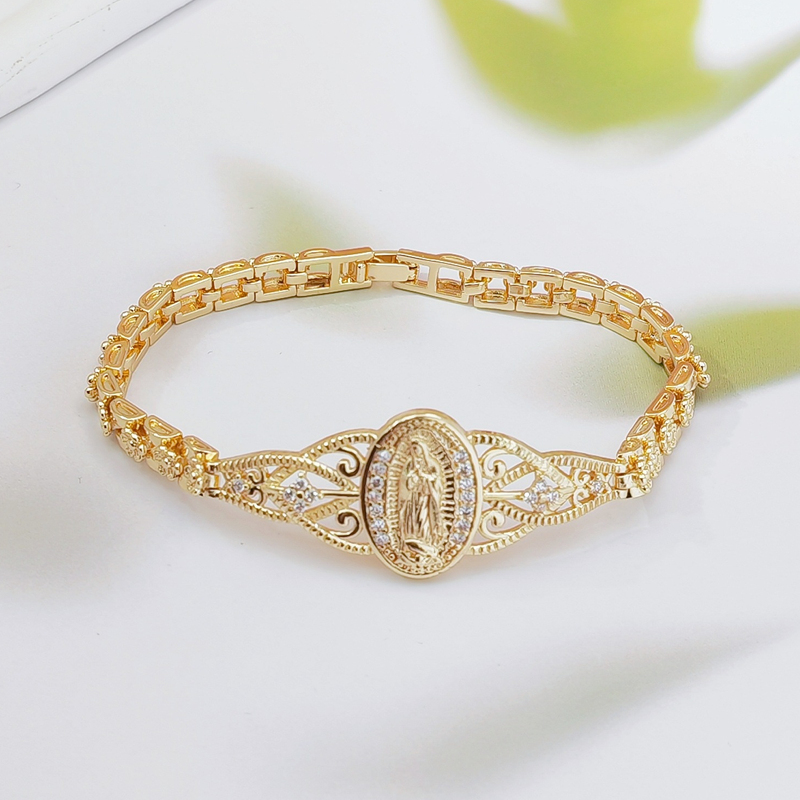 ⏳Time-Limited Special⏰Elegant Hollow Flower Virgin Mary Bracelet – Filigree Design, Gold Plated, Faith Inspired ✨