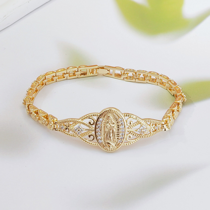 ⏳Time-Limited Special⏰Elegant Hollow Flower Virgin Mary Bracelet – Filigree Design, Gold Plated, Faith Inspired ✨