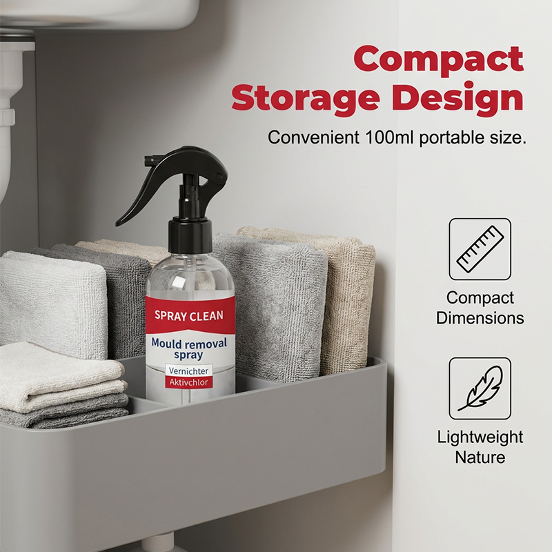 A spray for removing mould and mildew from various surfaces